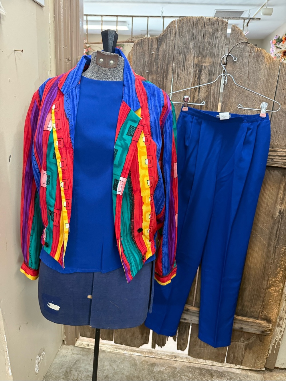 Vintage Multi Colored Quilted Jacket with blue outfit